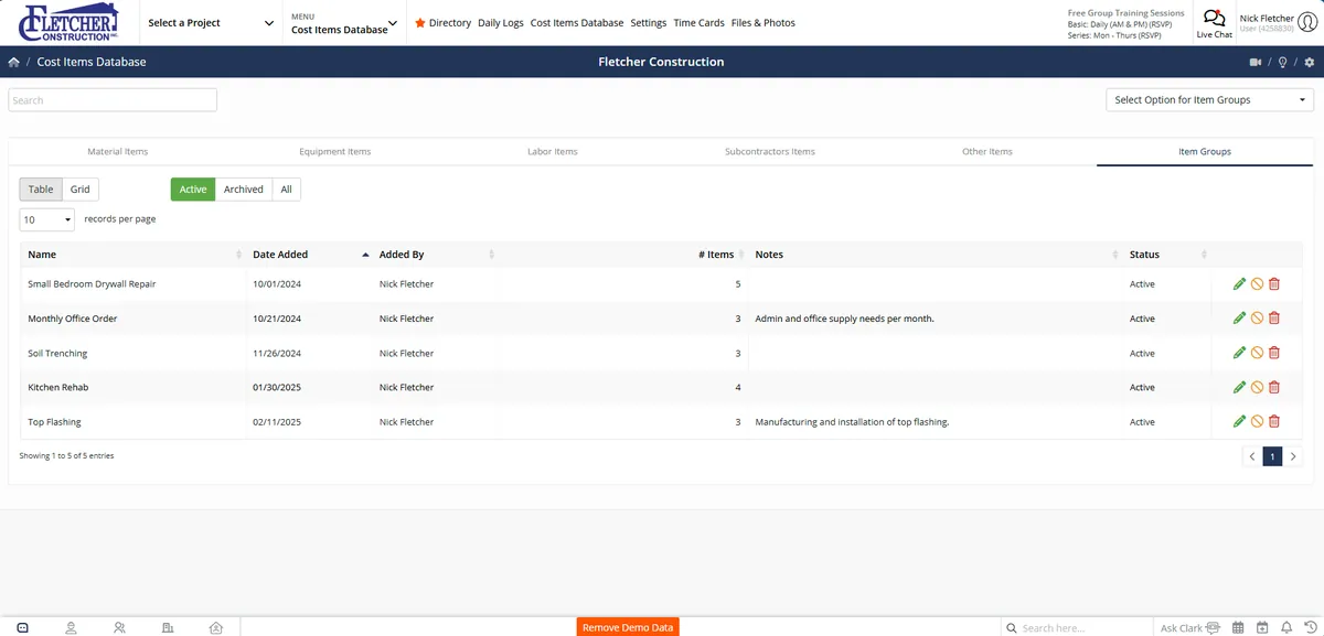 Cost Items Database screen