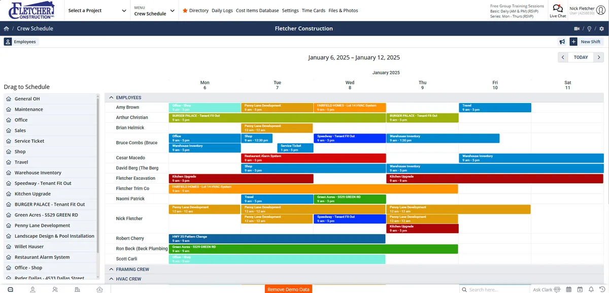 Crew Schedule calendar with each employee's shifts for the week
