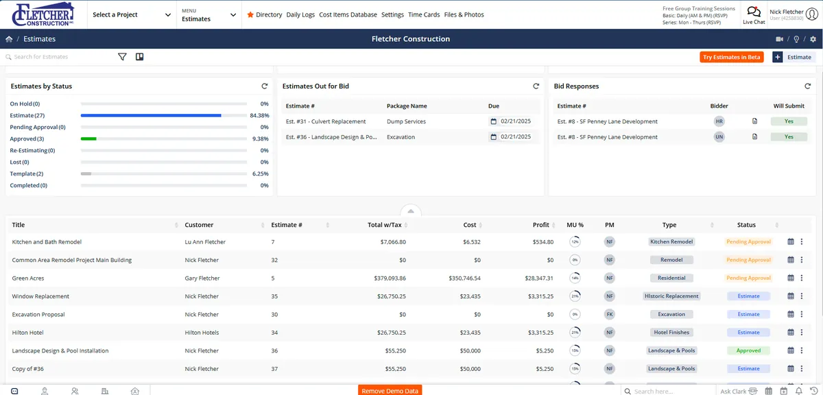 Estimates dashboard showing estimate totals, bids out, and profit per estimate