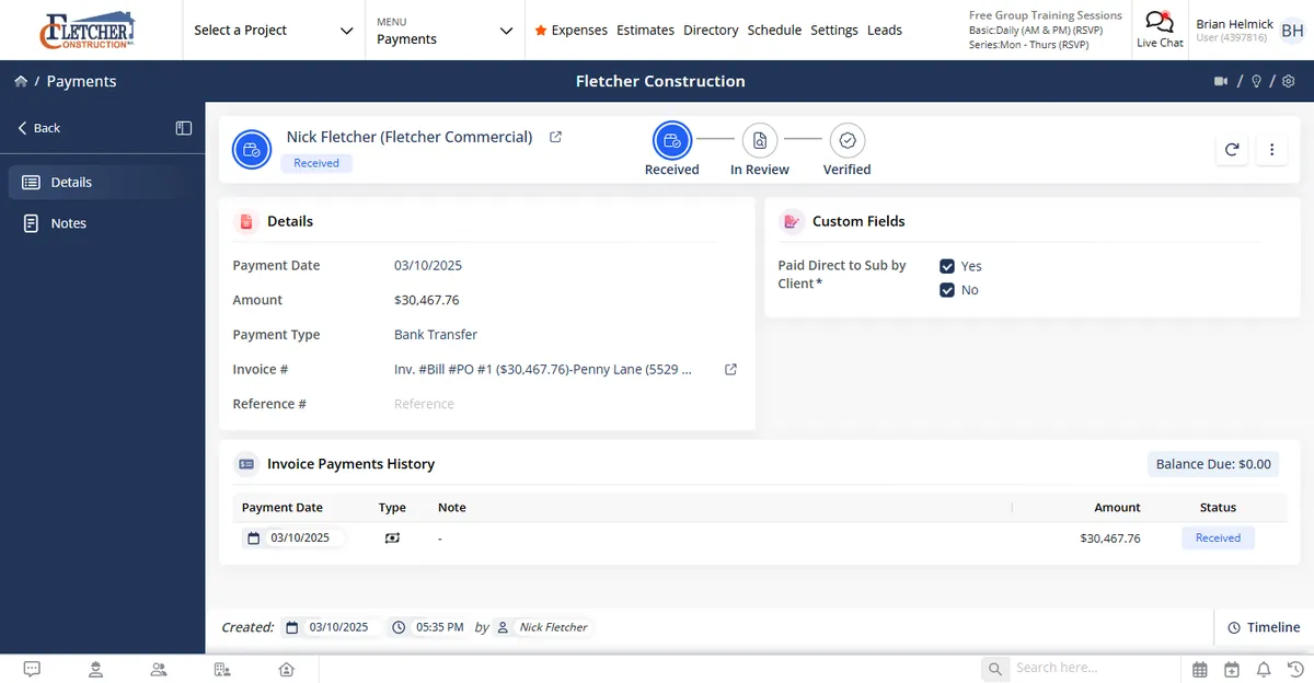 Payments screen